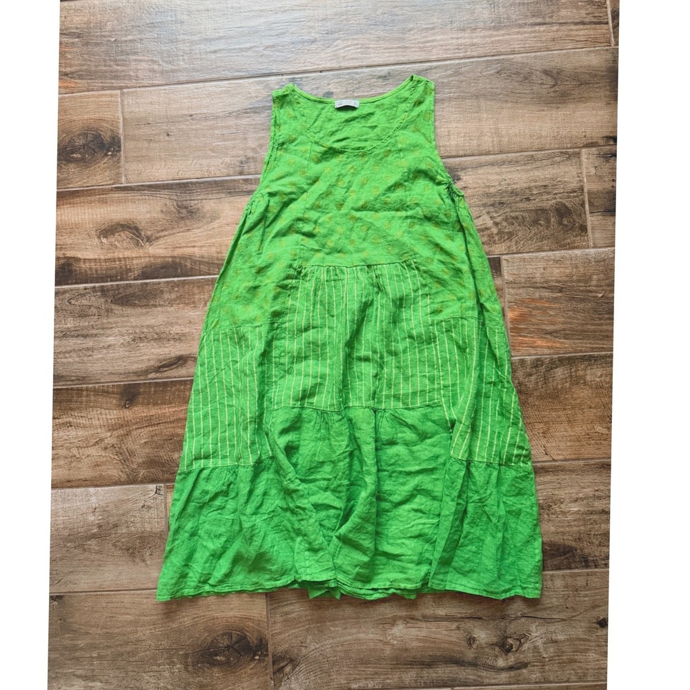 100% Italian Linen Polka Dot Striped Tiered Sleeveless Midi Dress, Green,S